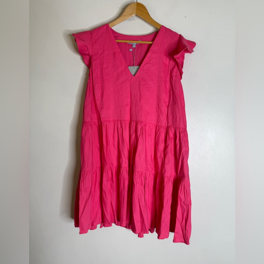 antonio melani Large Pink V Neck Flutter Sleeve A Line Linen Blend Dress CP